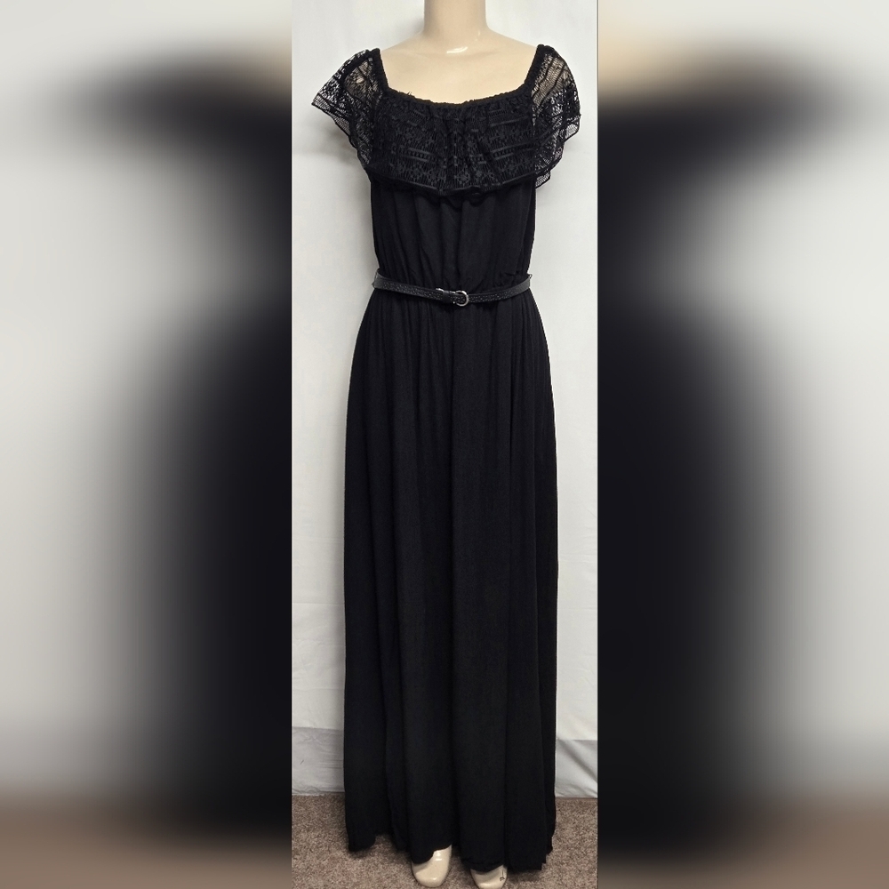 Apt. 9 XL Long Black Maxi Dress Sleeveless Lace Collar Belted New